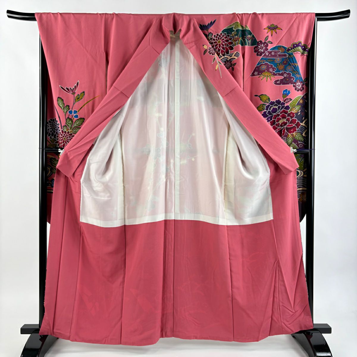 振袖禮服 身長161.5cm 袖長67.5cm L 雙層 草花紋紋 波 紅 純蠶絲 名品級