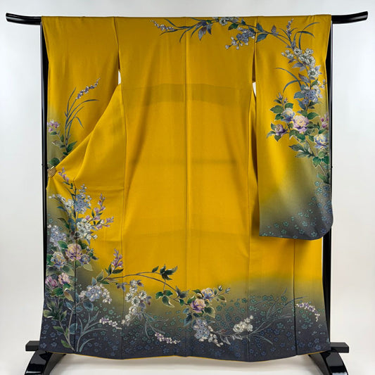 振袖禮服 身長163.5cm 袖長66cm M 雙層 草花紋紋 金通し 金銀彩 芥末色 純蠶絲 名品級