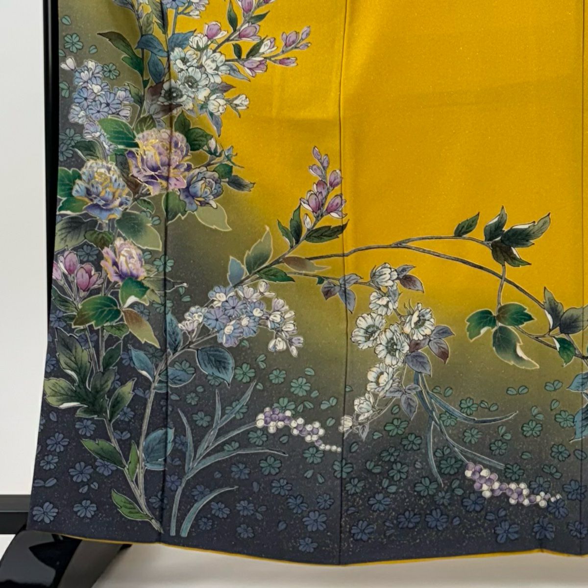 振袖禮服 身長163.5cm 袖長66cm M 雙層 草花紋紋 金通し 金銀彩 芥末色 純蠶絲 名品級