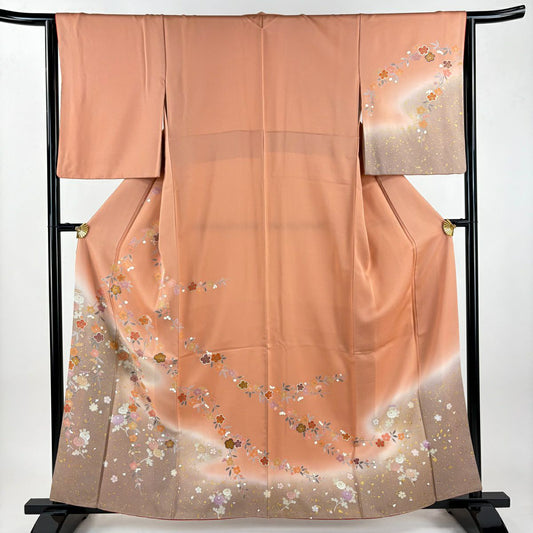 訪問服 身長162cm 袖長64cm M 雙層 鈴乃屋 菊花 枝梅花 金絲 金銀彩 鮭粉色 純蠶絲 秀品級