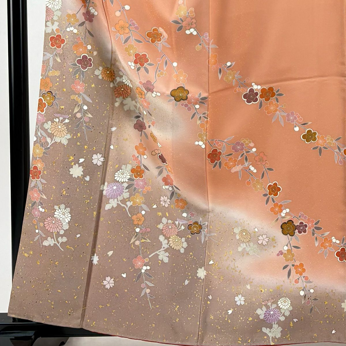 訪問服 身長162cm 袖長64cm M 雙層 鈴乃屋 菊花 枝梅花 金絲 金銀彩 鮭粉色 純蠶絲 秀品級