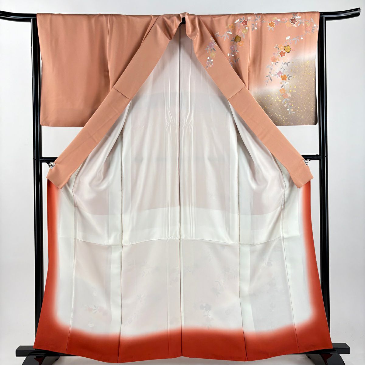 訪問服 身長162cm 袖長64cm M 雙層 鈴乃屋 菊花 枝梅花 金絲 金銀彩 鮭粉色 純蠶絲 秀品級