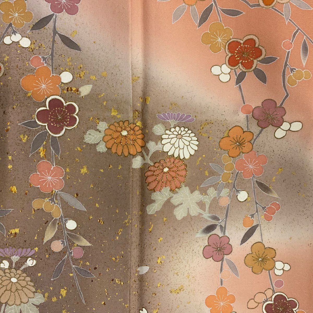訪問服 身長162cm 袖長64cm M 雙層 鈴乃屋 菊花 枝梅花 金絲 金銀彩 鮭粉色 純蠶絲 秀品級