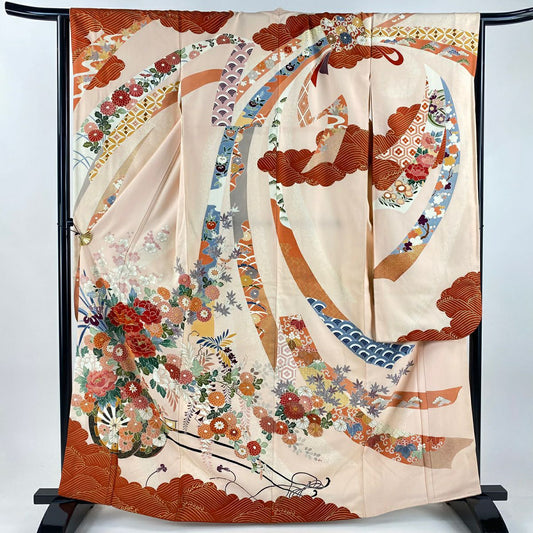 振袖禮服 身長164cm 袖長67cm M 雙層 花車 波 金絲 金銀彩 淺粉色 純蠶絲 優品級