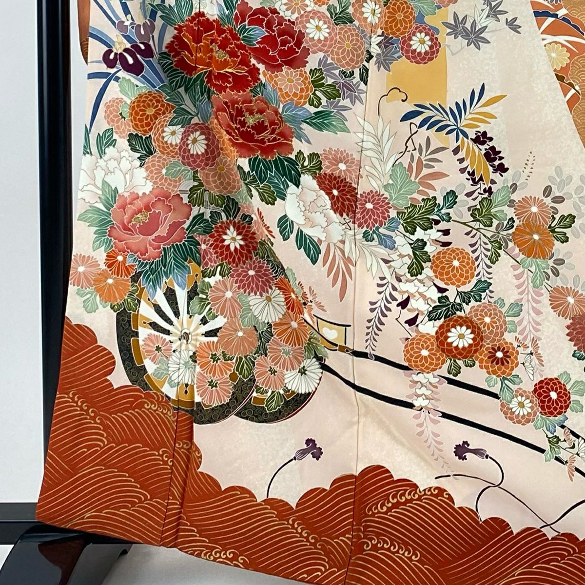 振袖禮服 身長164cm 袖長67cm M 雙層 花車 波 金絲 金銀彩 淺粉色 純蠶絲 優品級
