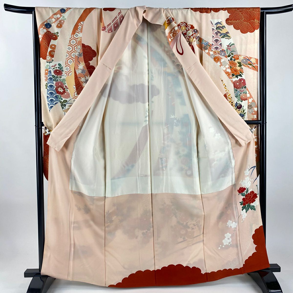 振袖禮服 身長164cm 袖長67cm M 雙層 花車 波 金絲 金銀彩 淺粉色 純蠶絲 優品級
