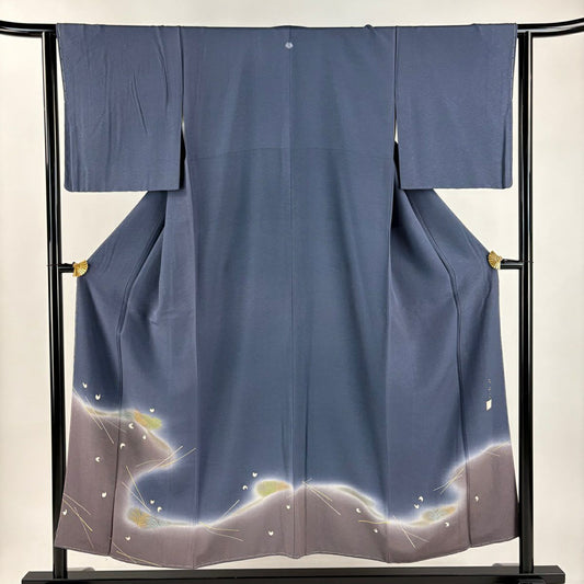 色留袖禮服 身長152cm 袖長64cm M 雙層 落款あり 波葉紋 金銀彩 漸層 青灰 純蠶絲 秀品級 一つ紋