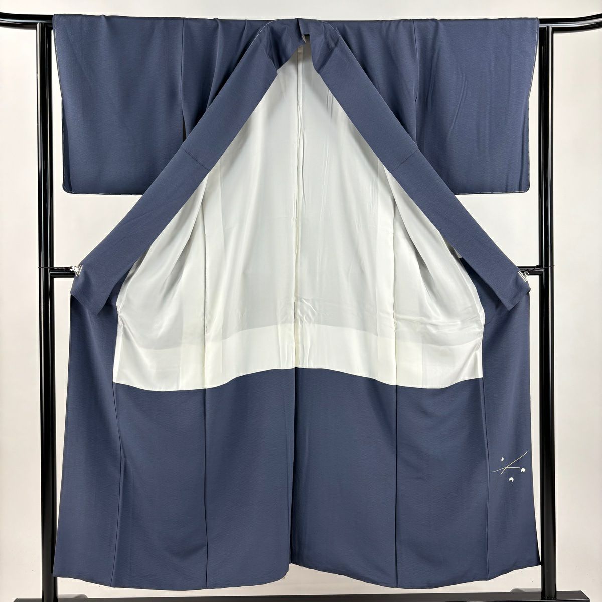 色留袖禮服 身長152cm 袖長64cm M 雙層 落款あり 波葉紋 金銀彩 漸層 青灰 純蠶絲 秀品級 一つ紋