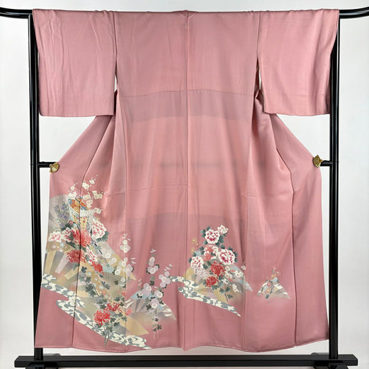色留袖禮服 身長153cm 袖長67cm M 雙層 御所車 草花紋紋 金銀彩 漸層 粉紅 純蠶絲 秀品級 一つ紋