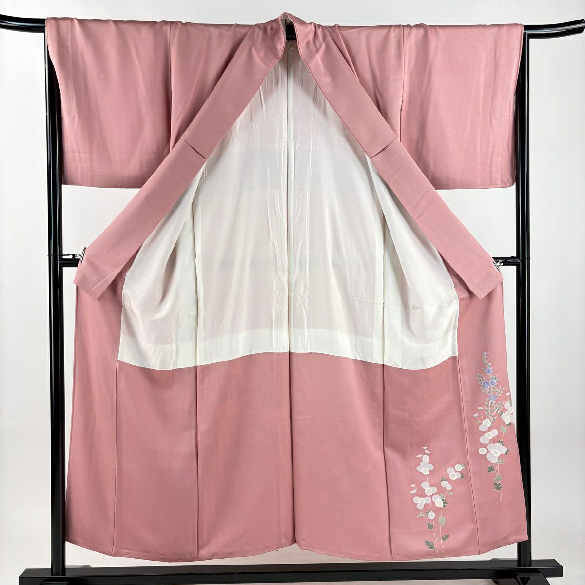 色留袖禮服 身長153cm 袖長67cm M 雙層 御所車 草花紋紋 金銀彩 漸層 粉紅 純蠶絲 秀品級 一つ紋