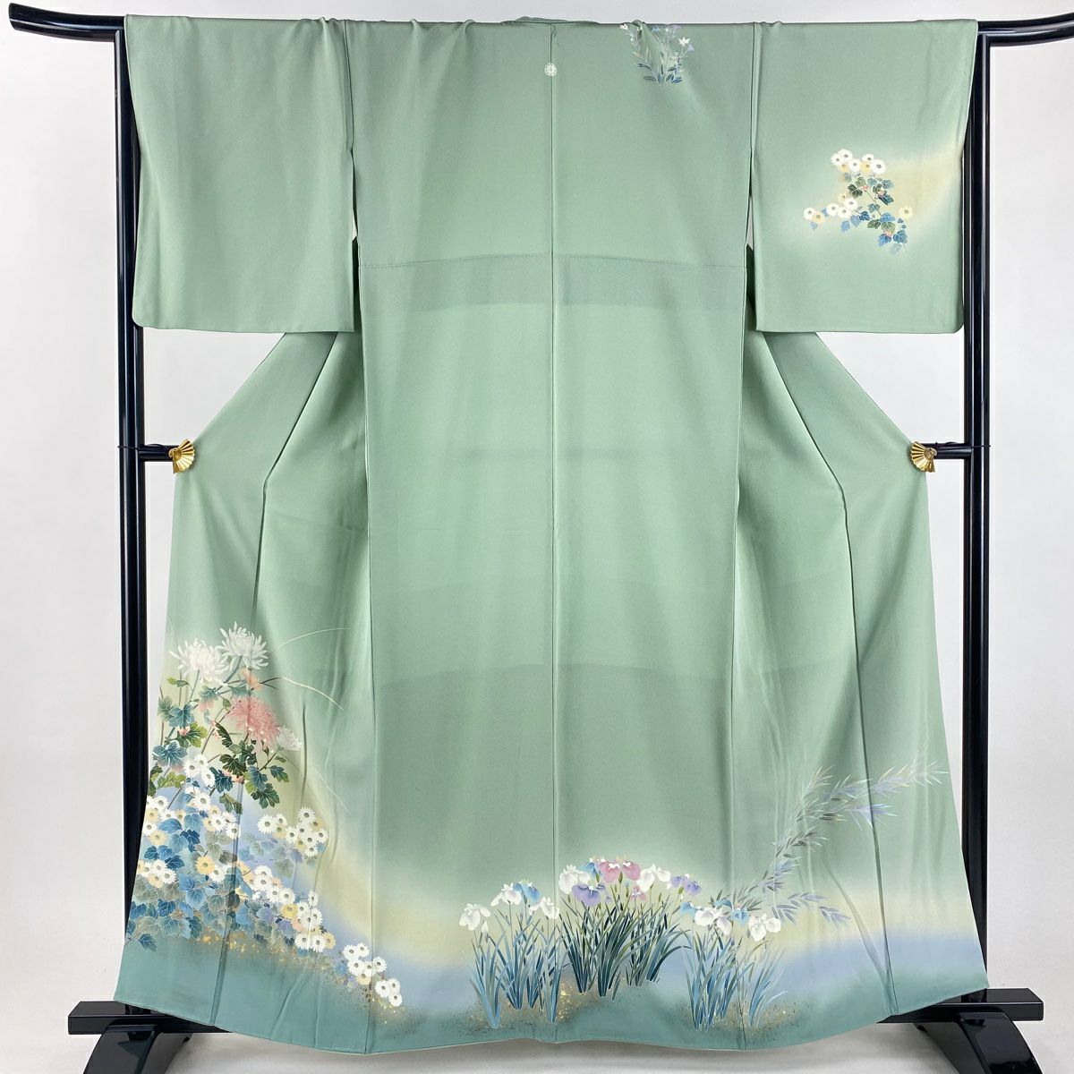 訪問服 身長160cm 袖長67cm M 雙層 菊花 菖蒲 金銀彩 漸層 淺綠 純蠶絲 優品級 一個紋