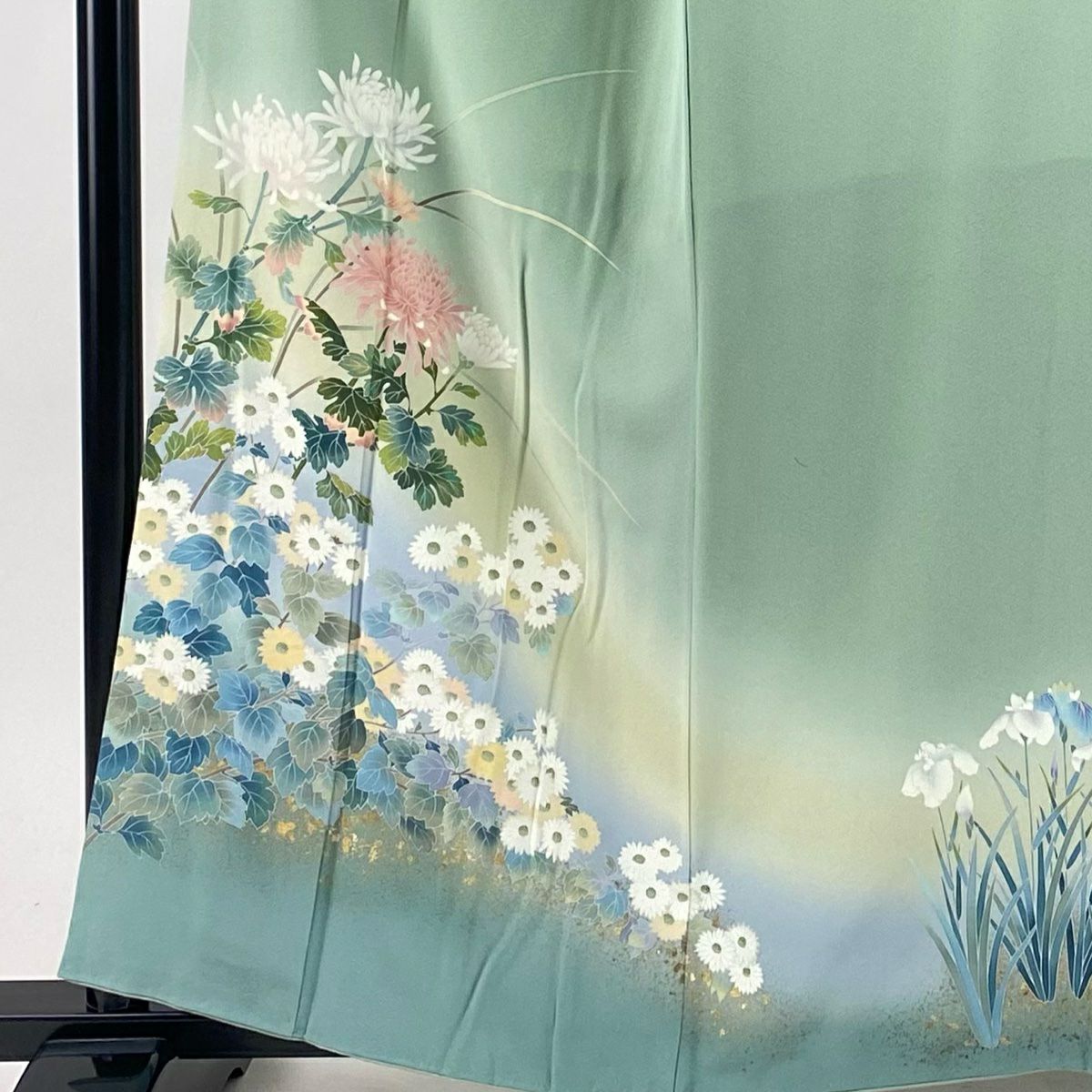 訪問服 身長160cm 袖長67cm M 雙層 菊花 菖蒲 金銀彩 漸層 淺綠 純蠶絲 優品級 一個紋
