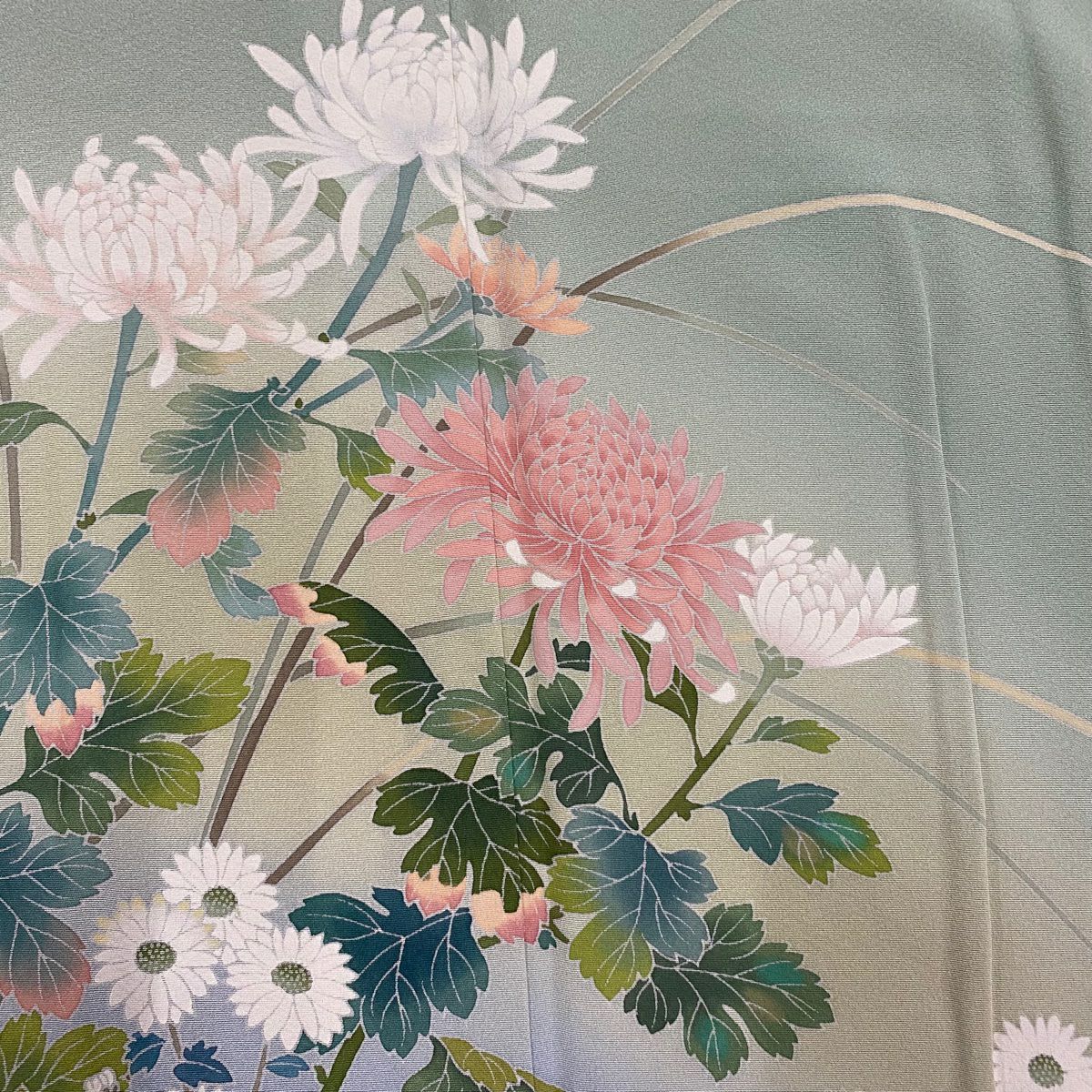 訪問服 身長160cm 袖長67cm M 雙層 菊花 菖蒲 金銀彩 漸層 淺綠 純蠶絲 優品級 一個紋