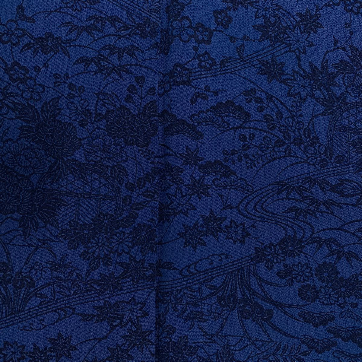 小紋 身長158cm 袖長63.5cm S 單層 松樹竹子梅花 流水 絞染 藍色 純蠶絲 秀品級
