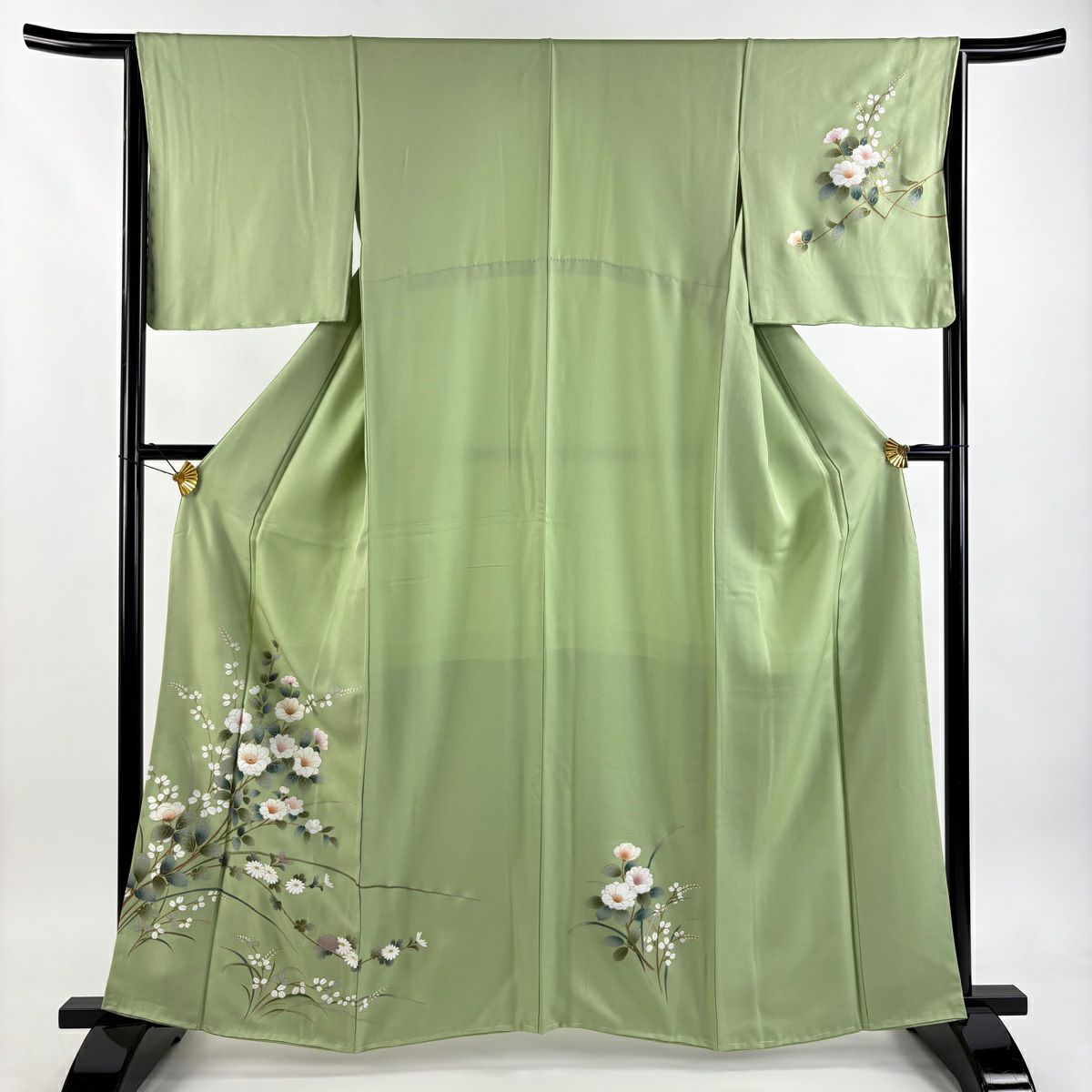 付下 身長162.5cm 袖長65cm M 雙層 枝花 草花紋紋 金銀彩 螺鈿 淺綠 純蠶絲 優品級