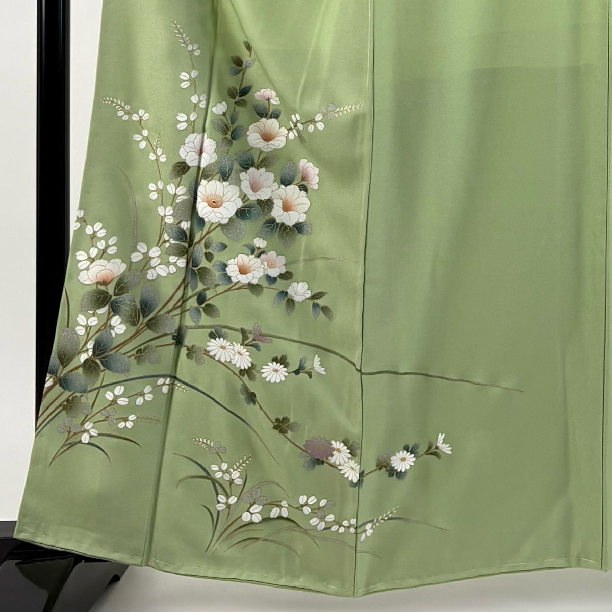 付下 身長162.5cm 袖長65cm M 雙層 枝花 草花紋紋 金銀彩 螺鈿 淺綠 純蠶絲 優品級
