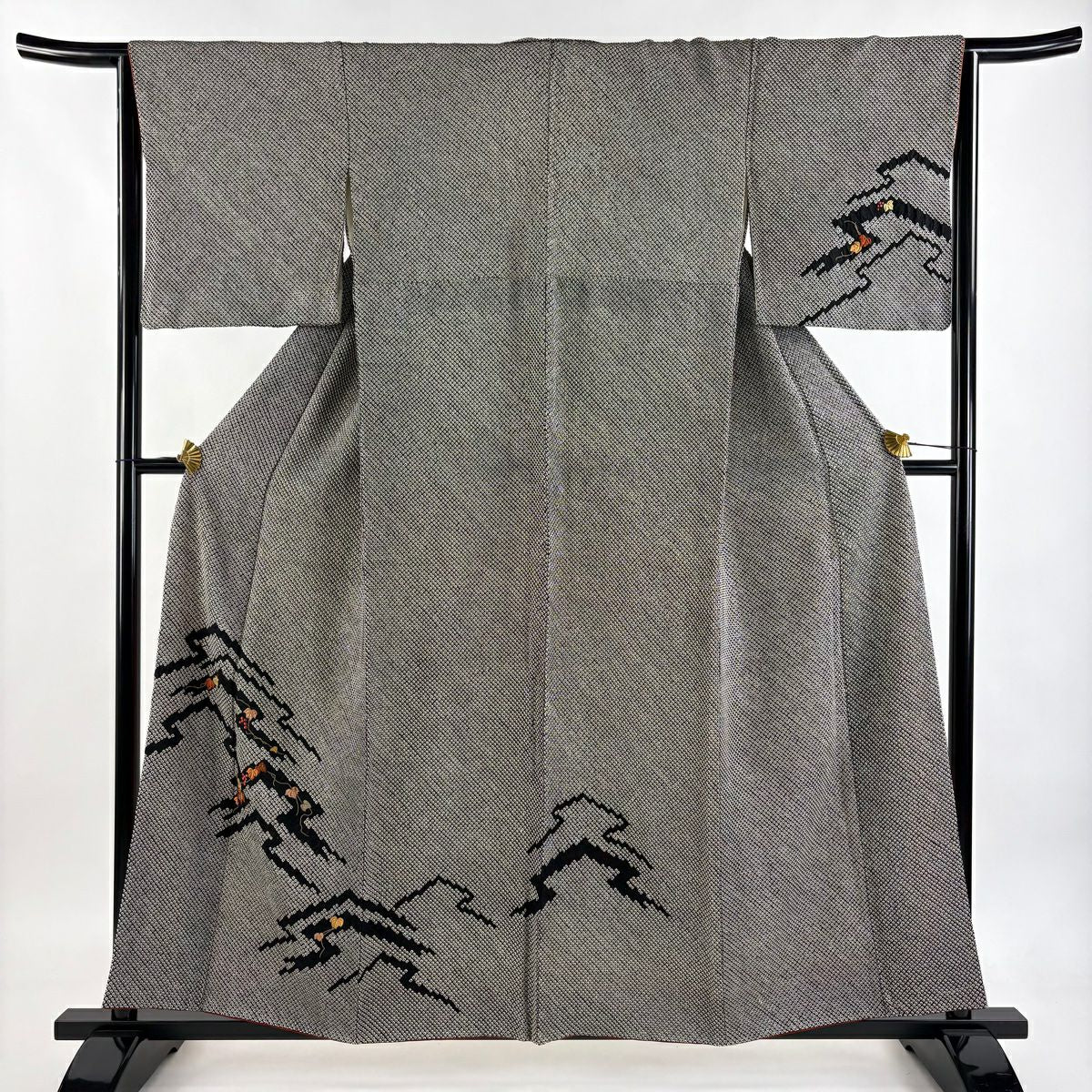 付下 身長158cm 袖長63.5cm S 雙層 葡萄 刺繡 總絞 黑 純蠶絲 秀品級