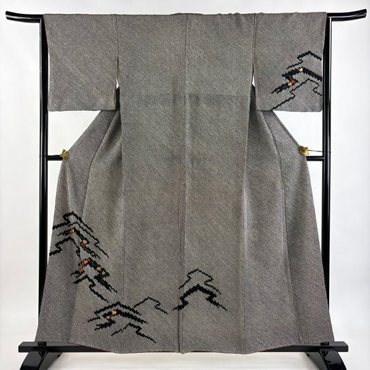付下 身長158cm 袖長63.5cm S 雙層 葡萄 刺繡 總絞 黑 純蠶絲 秀品級