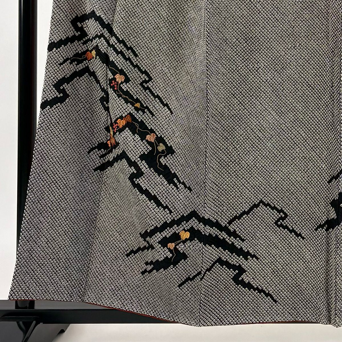 付下 身長158cm 袖長63.5cm S 雙層 葡萄 刺繡 總絞 黑 純蠶絲 秀品級