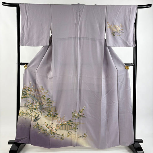 訪問服 身長162.5cm 袖長64.5cm M 雙層 松樹竹子梅花 橋 金銀彩 漸層 淺紫 純蠶絲 優品級