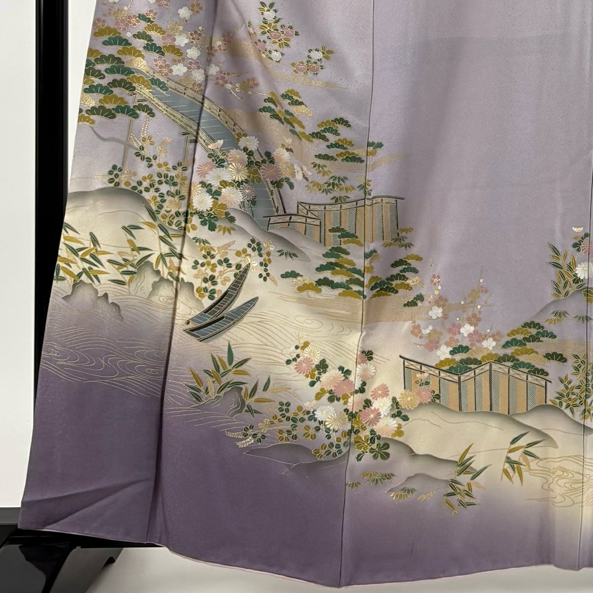 訪問服 身長162.5cm 袖長64.5cm M 雙層 松樹竹子梅花 橋 金銀彩 漸層 淺紫 純蠶絲 優品級