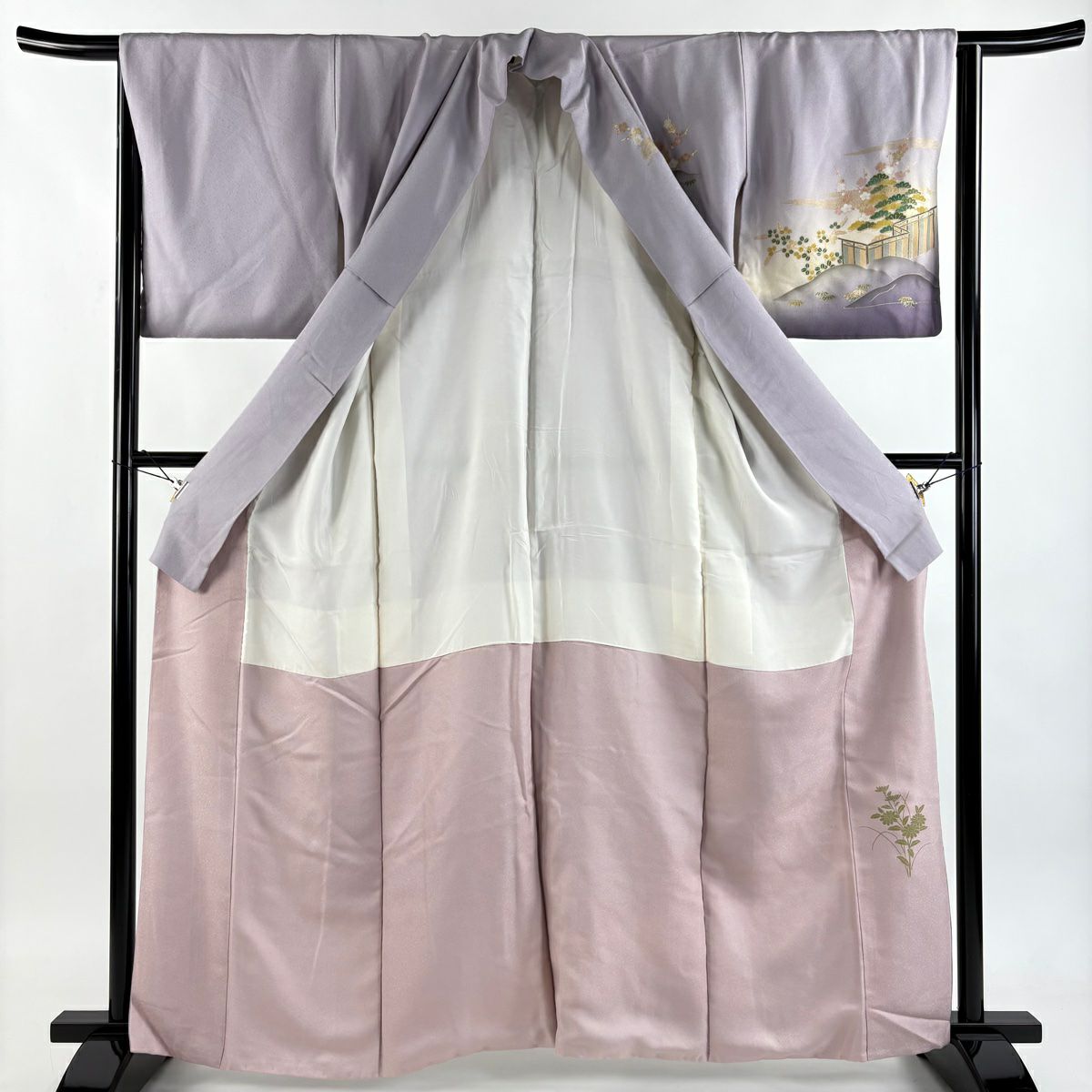 訪問服 身長162.5cm 袖長64.5cm M 雙層 松樹竹子梅花 橋 金銀彩 漸層 淺紫 純蠶絲 優品級