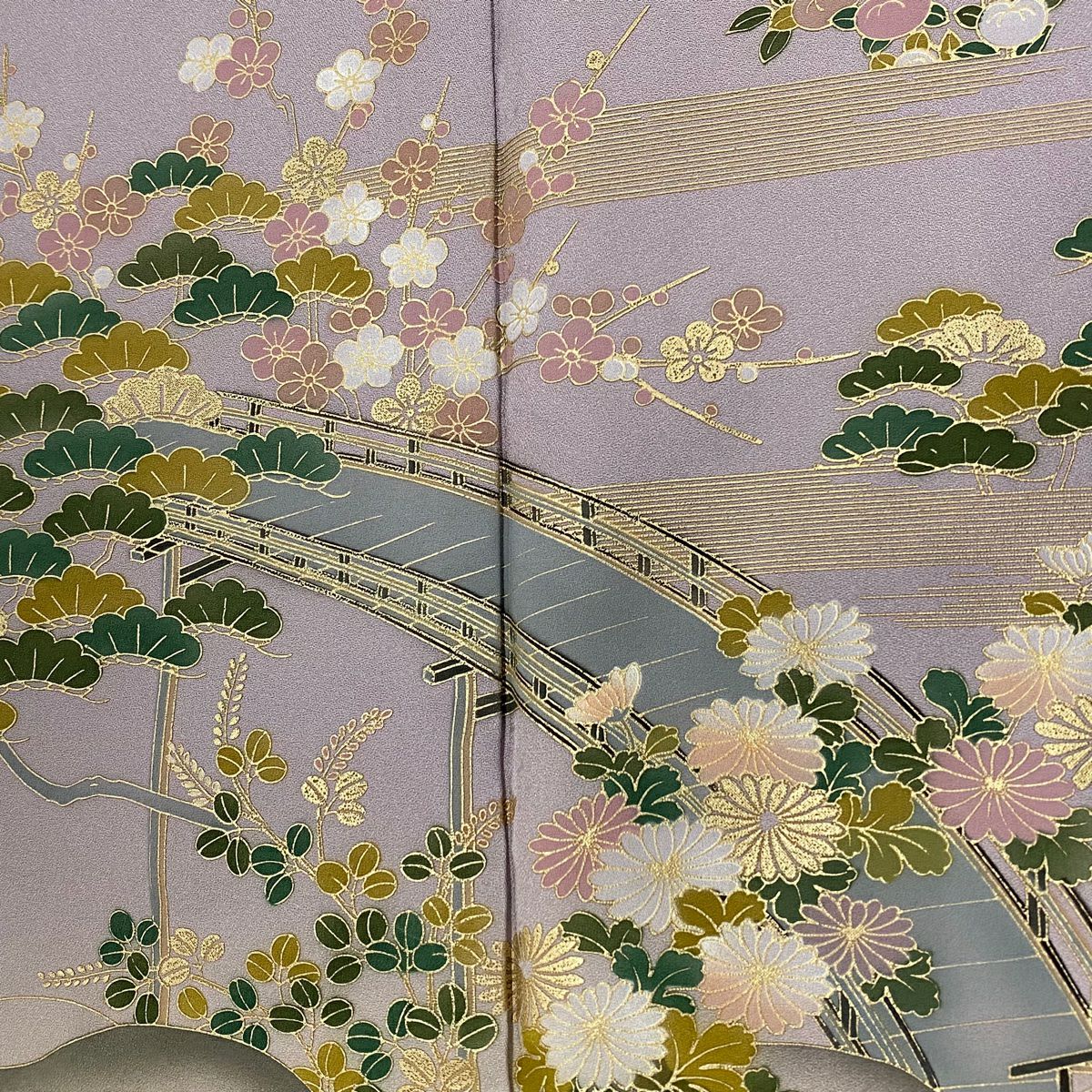 訪問服 身長162.5cm 袖長64.5cm M 雙層 松樹竹子梅花 橋 金銀彩 漸層 淺紫 純蠶絲 優品級