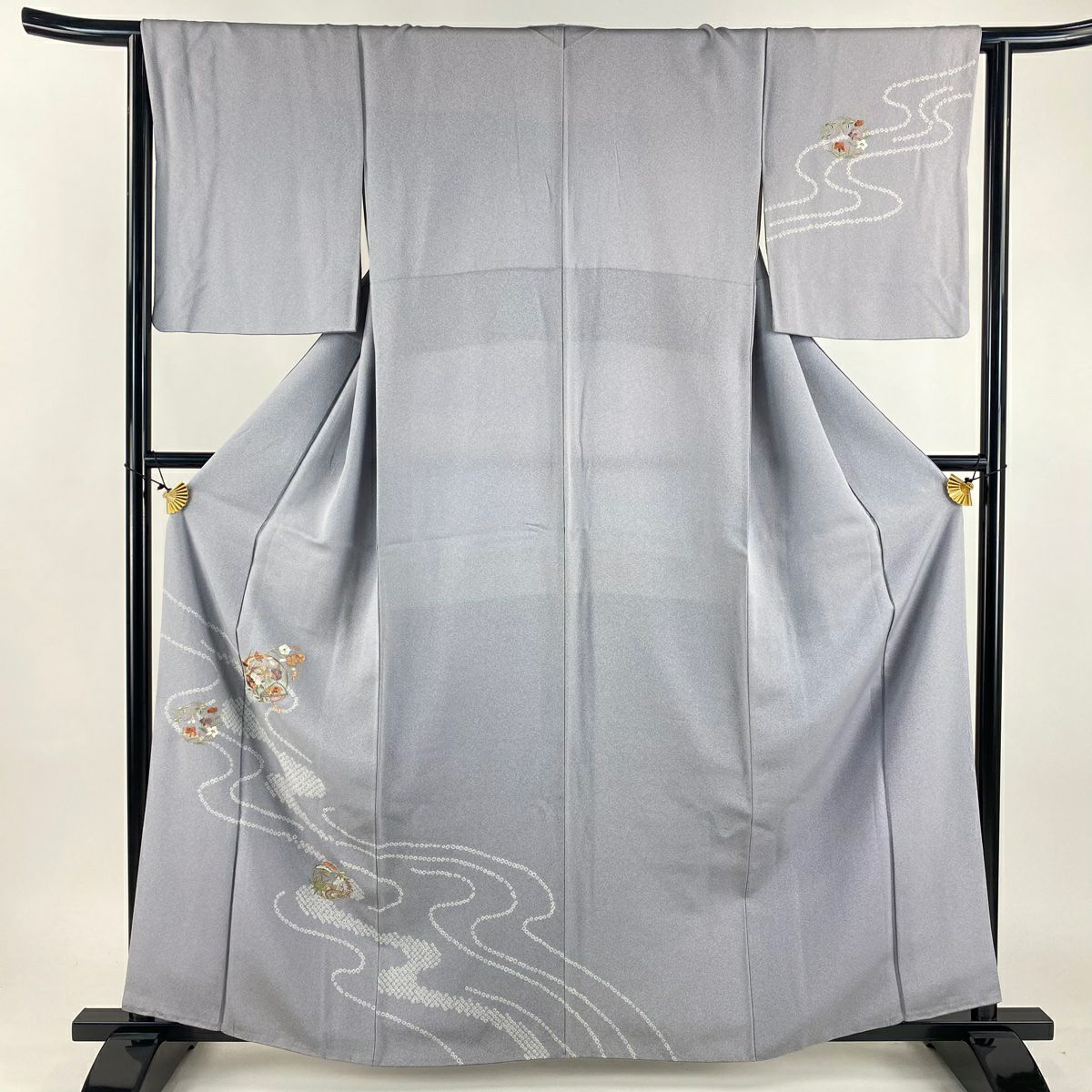 付下 身長161.5cm 袖長63cm S 雙層 花丸紋 流水 金絲 刺繡 灰紫 純蠶絲 優品級