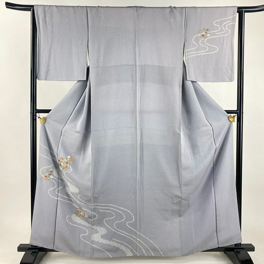 付下 身長161.5cm 袖長63cm S 雙層 花丸紋 流水 金絲 刺繡 灰紫 純蠶絲 優品級