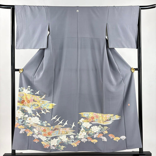 色留袖禮服 身長155cm 袖長64cm M 雙層 落款 菊花 仙鶴 金絲 金銀彩 灰紫 純蠶絲 秀品級 一つ紋