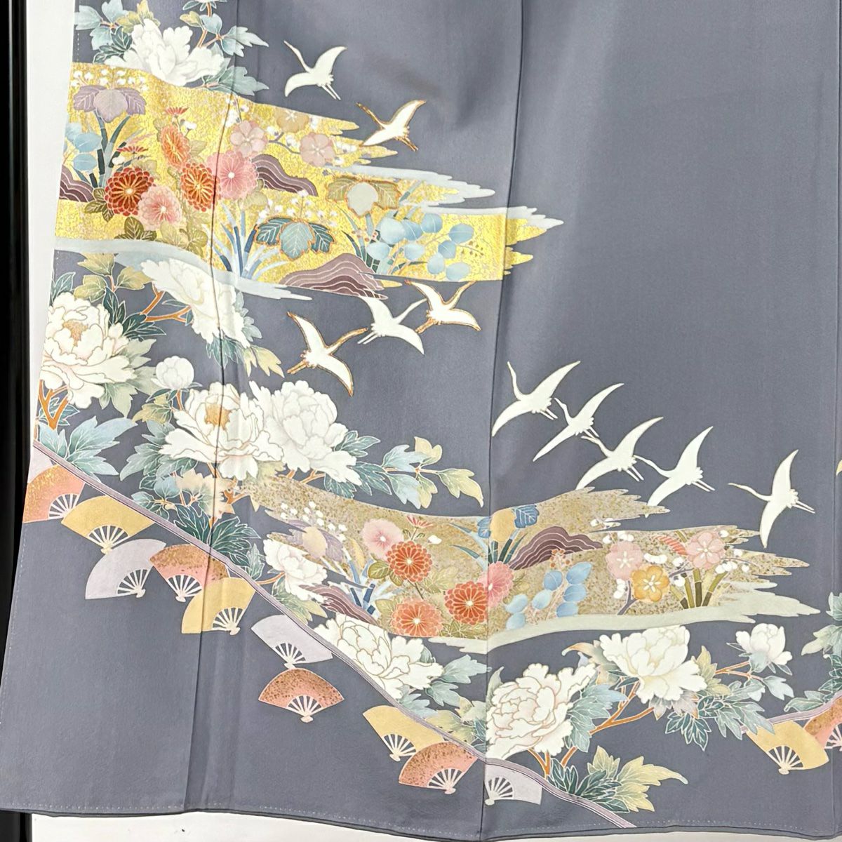色留袖禮服 身長155cm 袖長64cm M 雙層 落款 菊花 仙鶴 金絲 金銀彩 灰紫 純蠶絲 秀品級 一つ紋