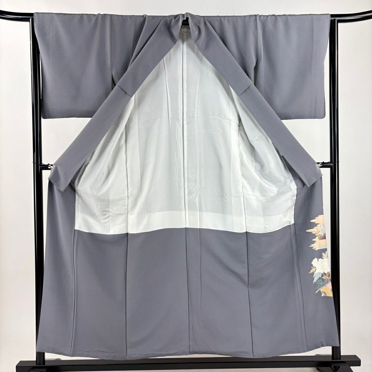 色留袖禮服 身長155cm 袖長64cm M 雙層 落款 菊花 仙鶴 金絲 金銀彩 灰紫 純蠶絲 秀品級 一つ紋