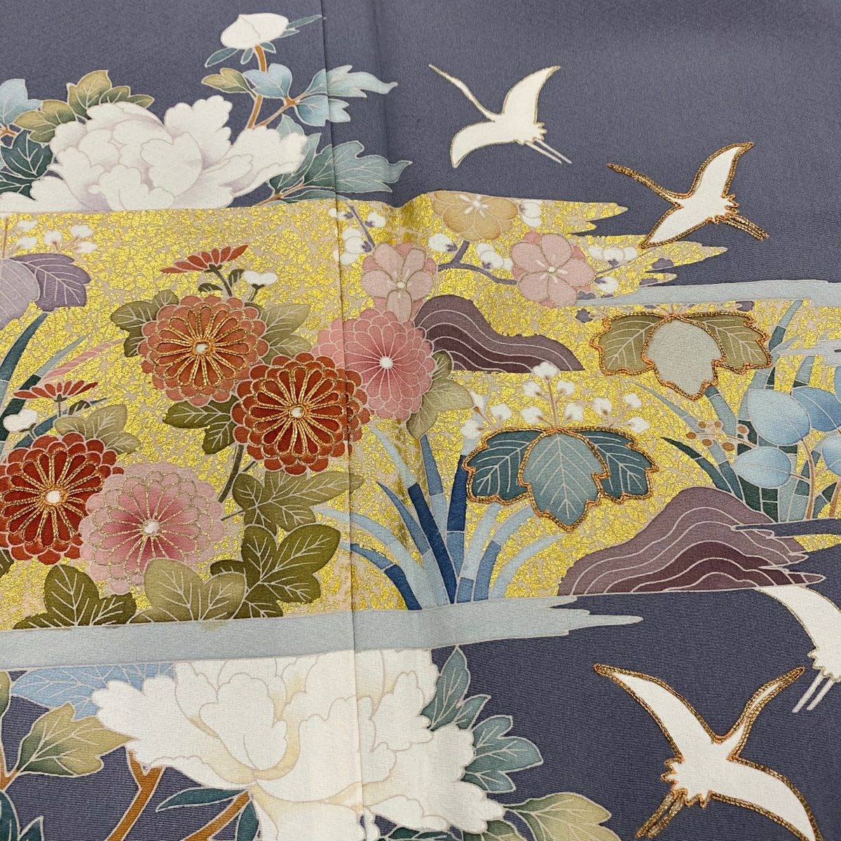 色留袖禮服 身長155cm 袖長64cm M 雙層 落款 菊花 仙鶴 金絲 金銀彩 灰紫 純蠶絲 秀品級 一つ紋