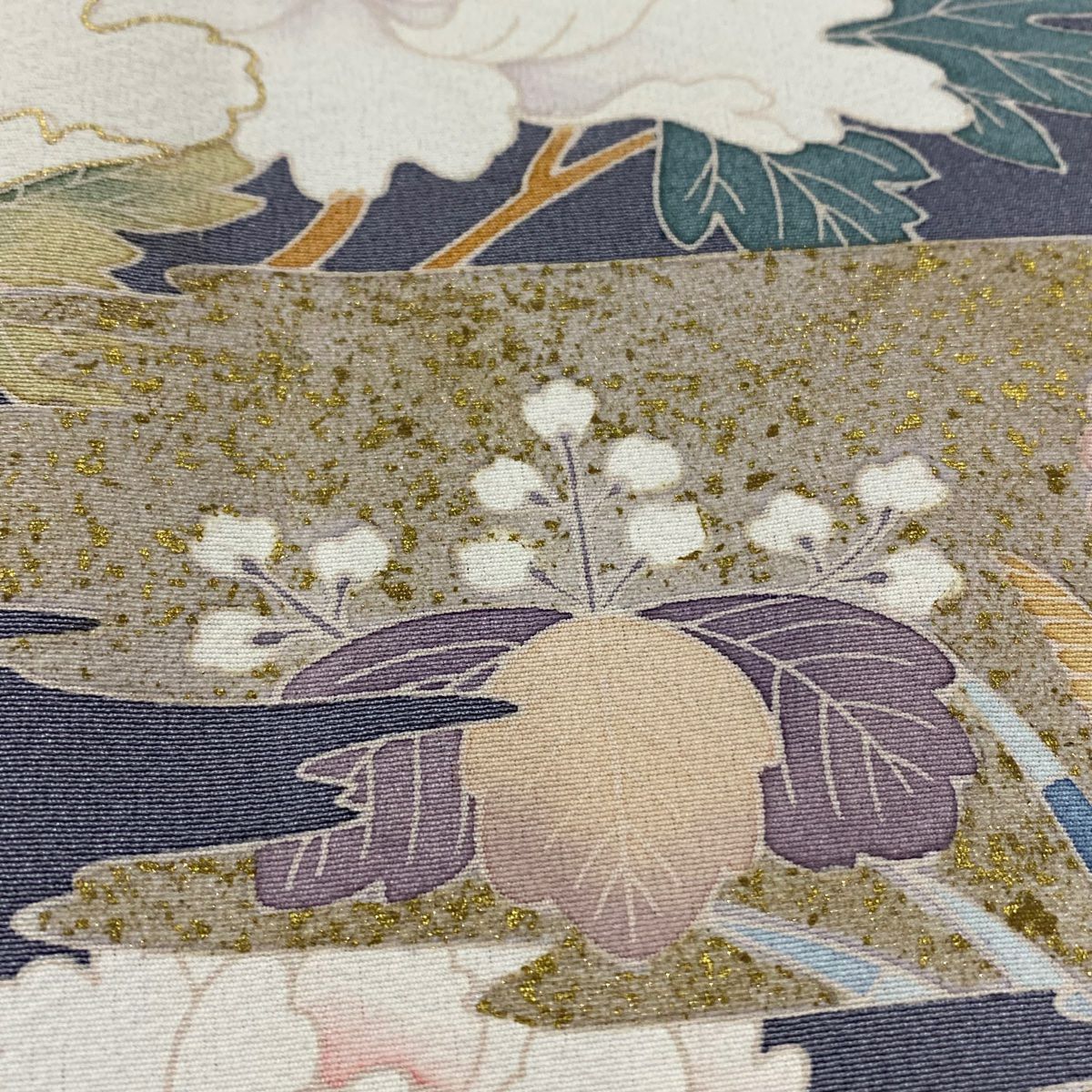 色留袖禮服 身長155cm 袖長64cm M 雙層 落款 菊花 仙鶴 金絲 金銀彩 灰紫 純蠶絲 秀品級 一つ紋