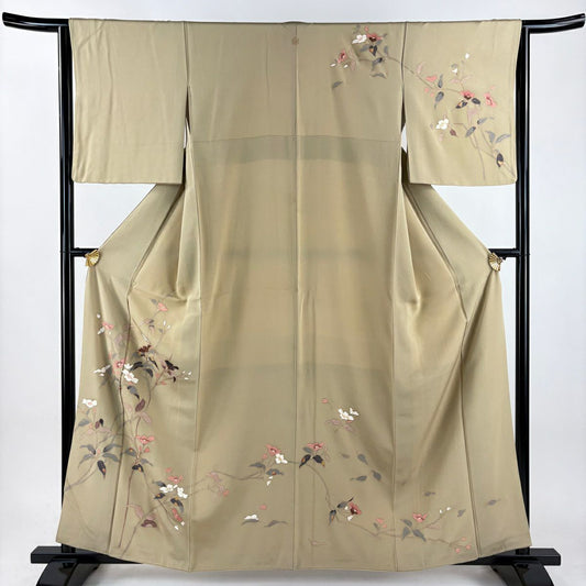 訪問服 身長161cm 袖長65cm M 雙層 枝花 螺鈿 金彩裝飾 薄茶 純蠶絲 秀品級 一つ紋