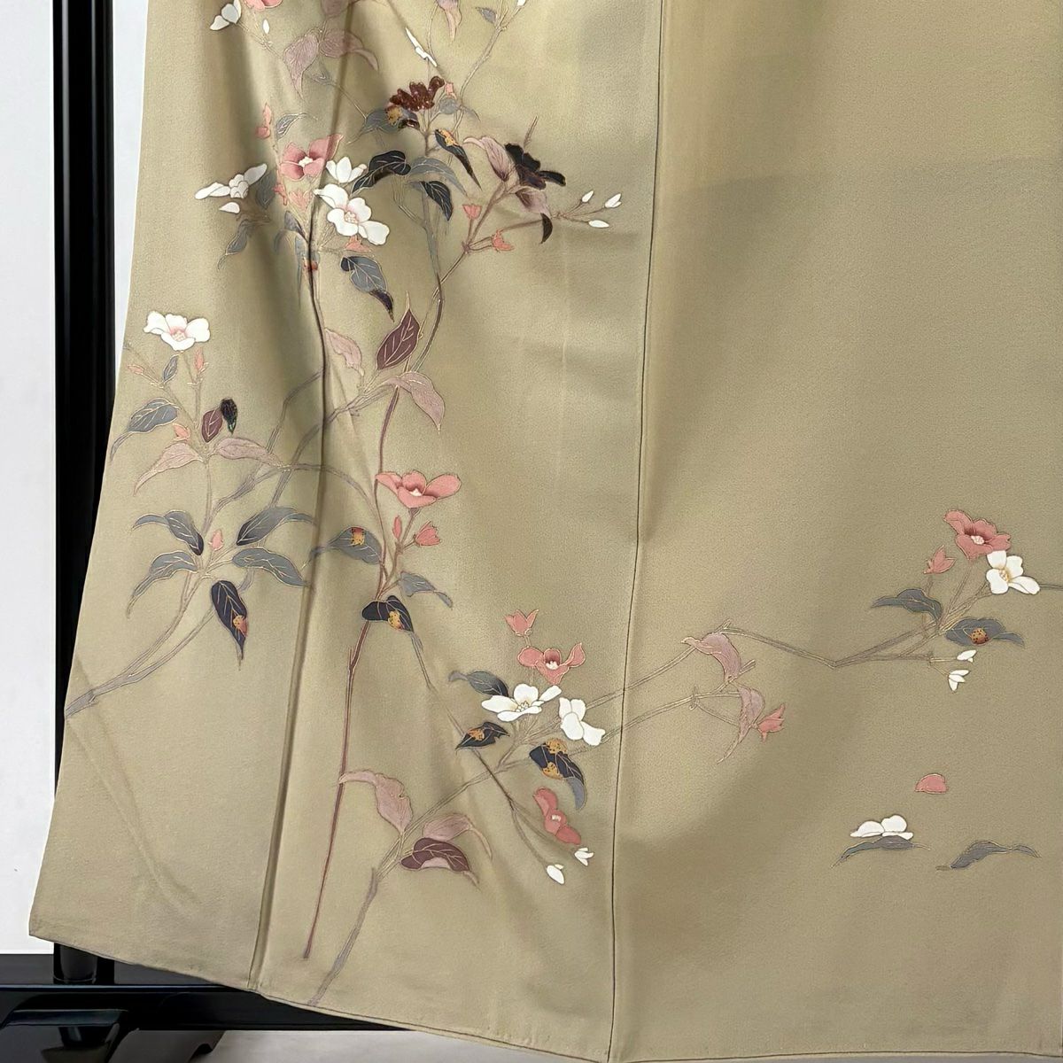 訪問服 身長161cm 袖長65cm M 雙層 枝花 螺鈿 金彩裝飾 薄茶 純蠶絲 秀品級 一つ紋