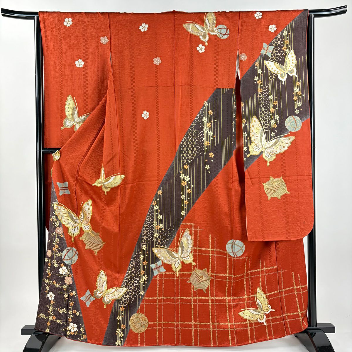 振袖禮服 身長164.5cm 袖長64.5cm M 雙層 蝶 糸卷 金絲 金銀彩 紅茶 純蠶絲 秀品級