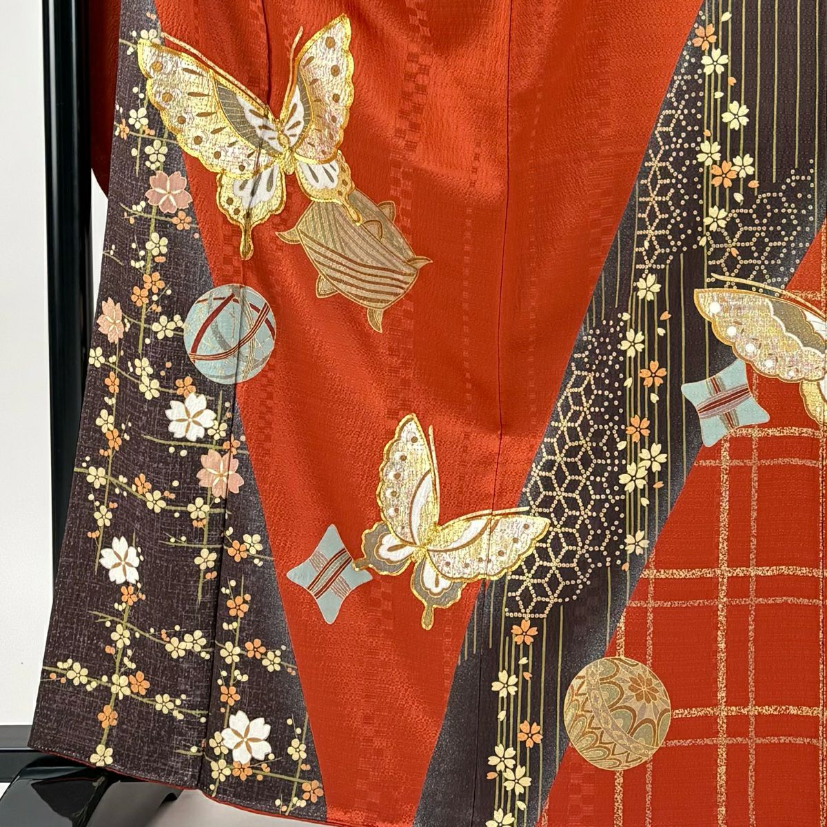 振袖禮服 身長164.5cm 袖長64.5cm M 雙層 蝶 糸卷 金絲 金銀彩 紅茶 純蠶絲 秀品級