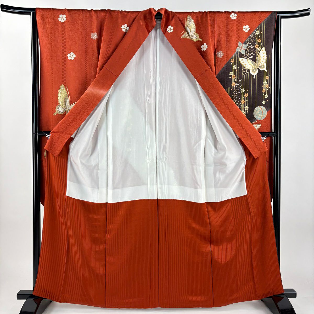 振袖禮服 身長164.5cm 袖長64.5cm M 雙層 蝶 糸卷 金絲 金銀彩 紅茶 純蠶絲 秀品級