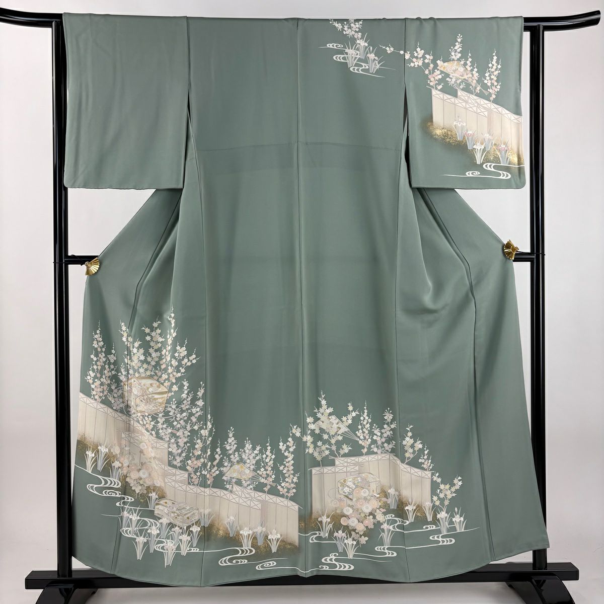 訪問服 身長157cm 袖長63cm S 雙層 文箱 扇子 金絲 金銀彩 灰綠 純蠶絲 秀品級