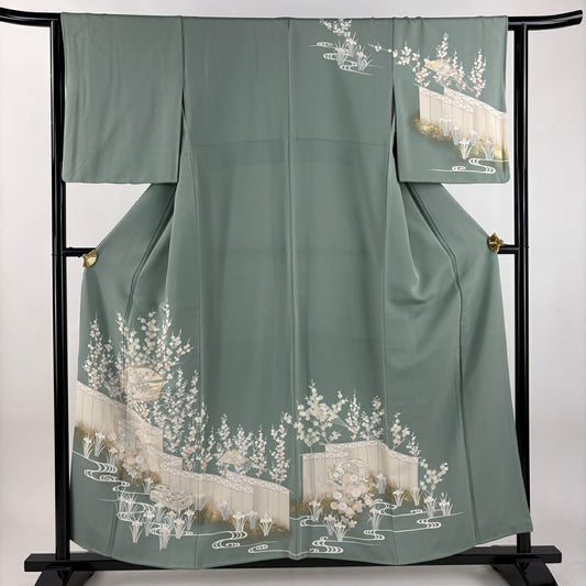 訪問服 身長157cm 袖長63cm S 雙層 文箱 扇子 金絲 金銀彩 灰綠 純蠶絲 秀品級
