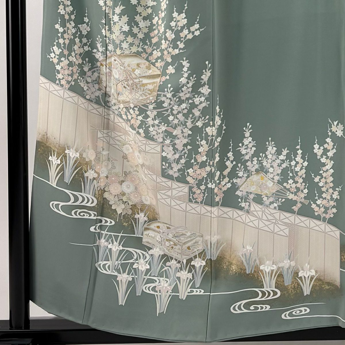 訪問服 身長157cm 袖長63cm S 雙層 文箱 扇子 金絲 金銀彩 灰綠 純蠶絲 秀品級