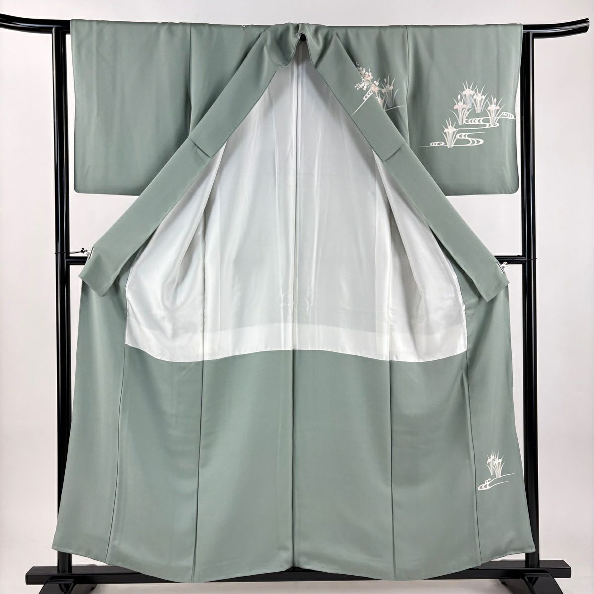 訪問服 身長157cm 袖長63cm S 雙層 文箱 扇子 金絲 金銀彩 灰綠 純蠶絲 秀品級