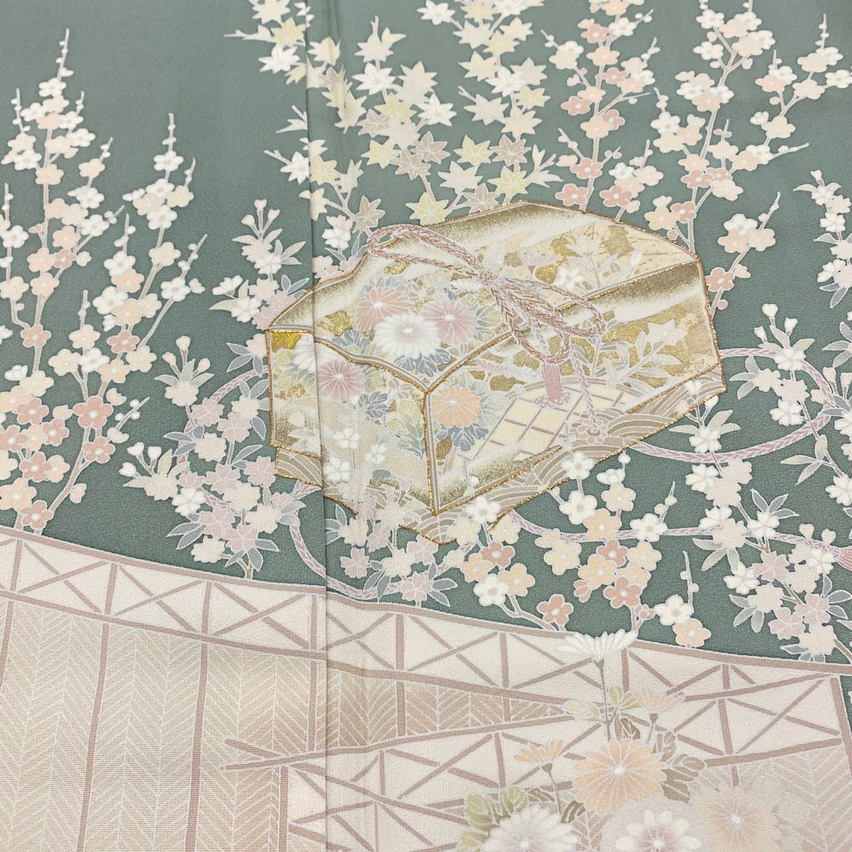 訪問服 身長157cm 袖長63cm S 雙層 文箱 扇子 金絲 金銀彩 灰綠 純蠶絲 秀品級
