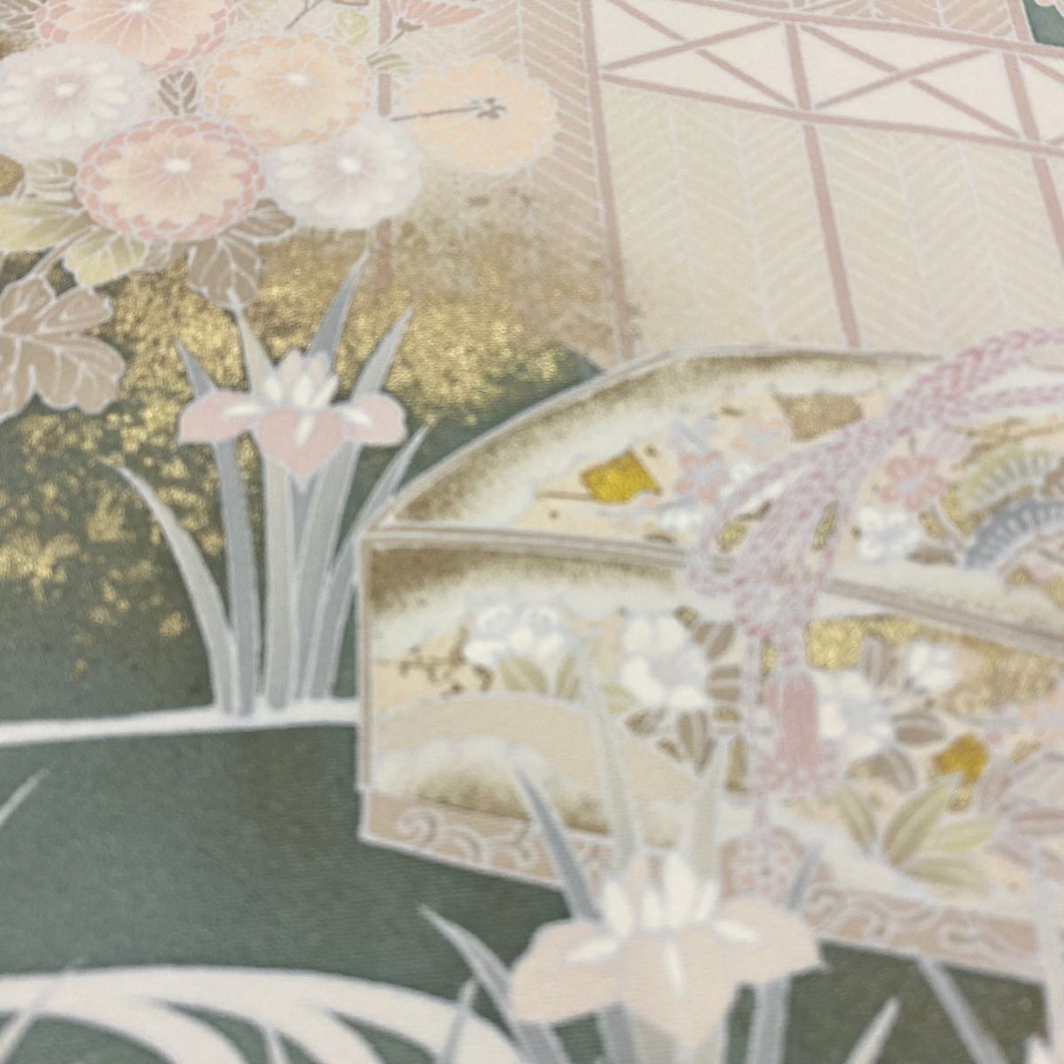 訪問服 身長157cm 袖長63cm S 雙層 文箱 扇子 金絲 金銀彩 灰綠 純蠶絲 秀品級