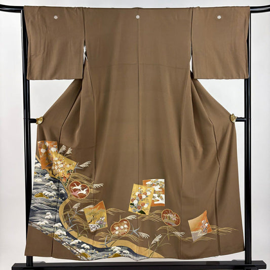 茶留袖禮服 身長153cm 袖長65.5cm M 雙層 色紙 松樹竹子梅花 金糸 金銀彩 茶 純蠶絲 秀品級 三つ紋