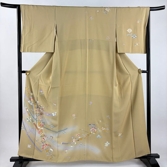 訪問服 身長160cm 袖長65.5cm M 雙層 草花紋紋 櫛 金絲 金銀彩 淡黃土 純蠶絲 秀品級 一個紋
