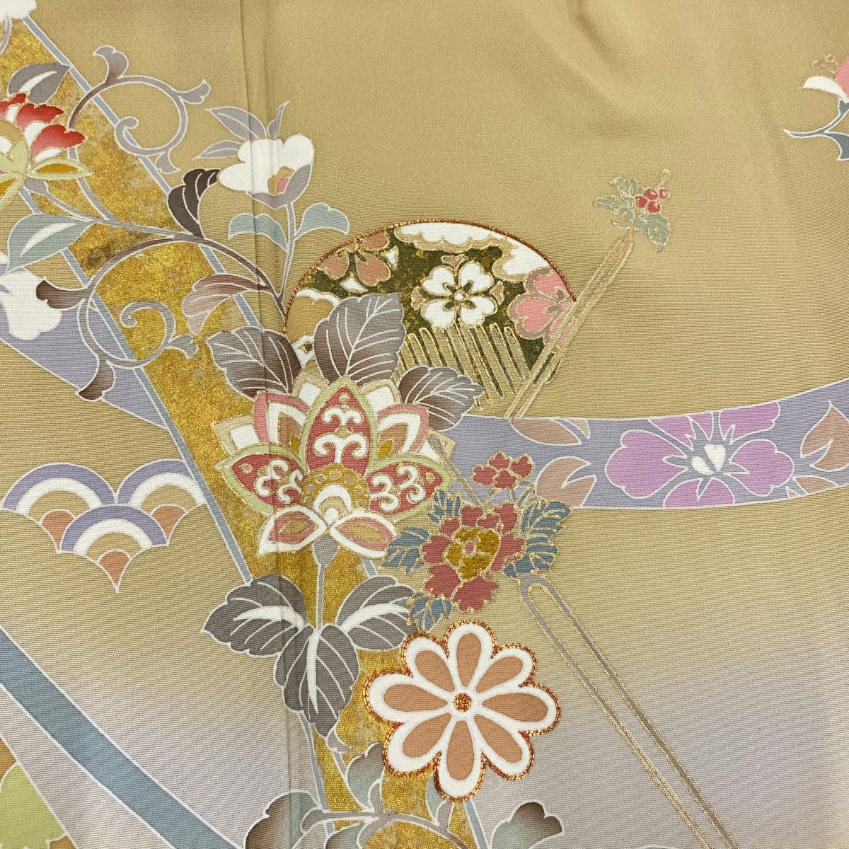 訪問服 身長160cm 袖長65.5cm M 雙層 草花紋紋 櫛 金絲 金銀彩 淡黃土 純蠶絲 秀品級 一個紋