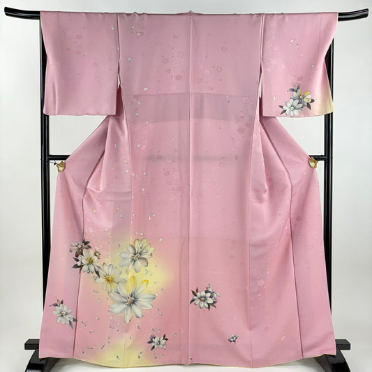 【美品】 付下 身長166.5cm 袖長68cm L 雙層 草花紋紋 花瓣 金銀彩 粉紅 純蠶絲 優品級