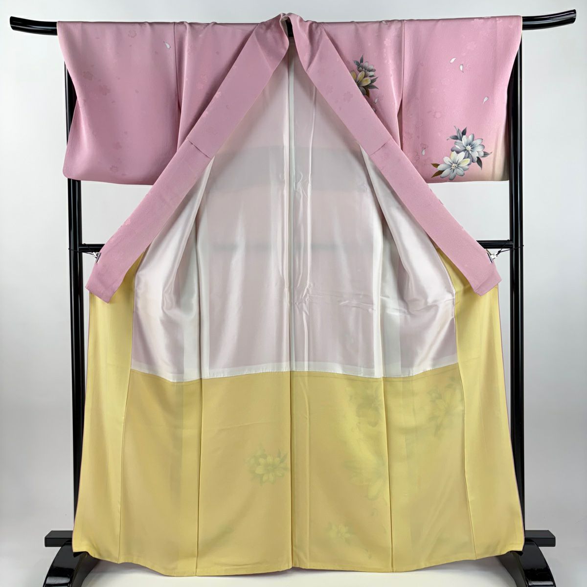 【美品】 付下 身長166.5cm 袖長68cm L 雙層 草花紋紋 花瓣 金銀彩 粉紅 純蠶絲 優品級